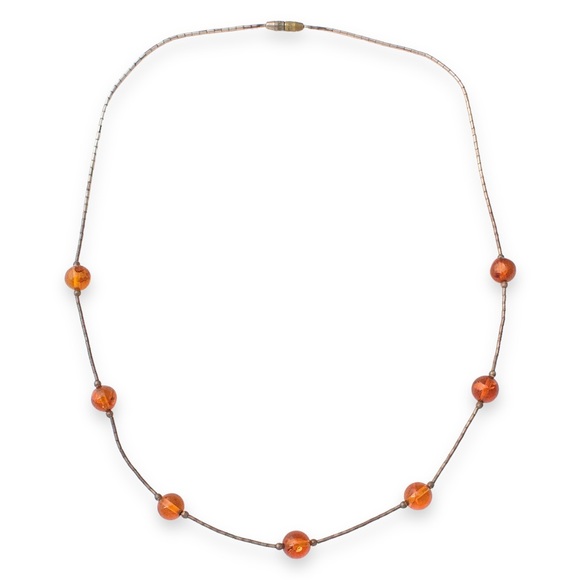 Vintage Baltic Amber Bead Sterling Silver Necklace Liquid Silver Chain - Picture 2 of 5